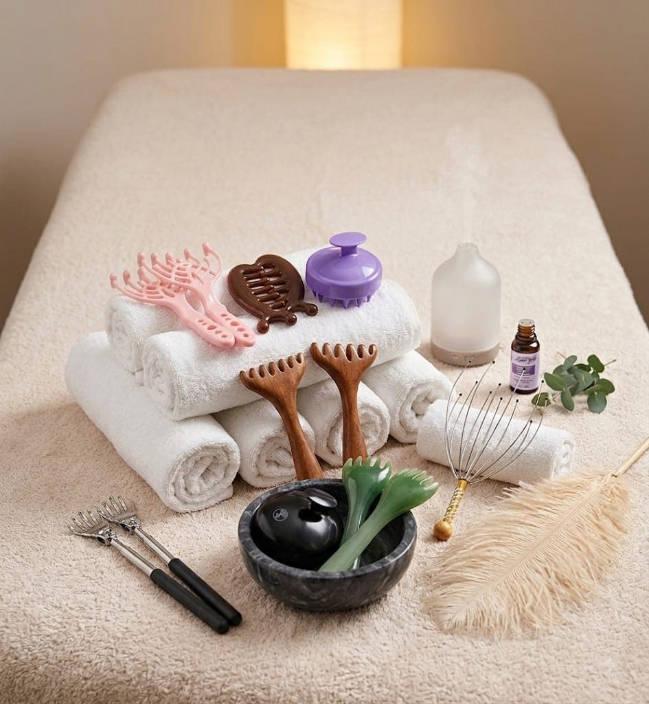 Accessoires des papouilles posés sur une table de massage : plume, masseurs de crâne, brosses et serviettes